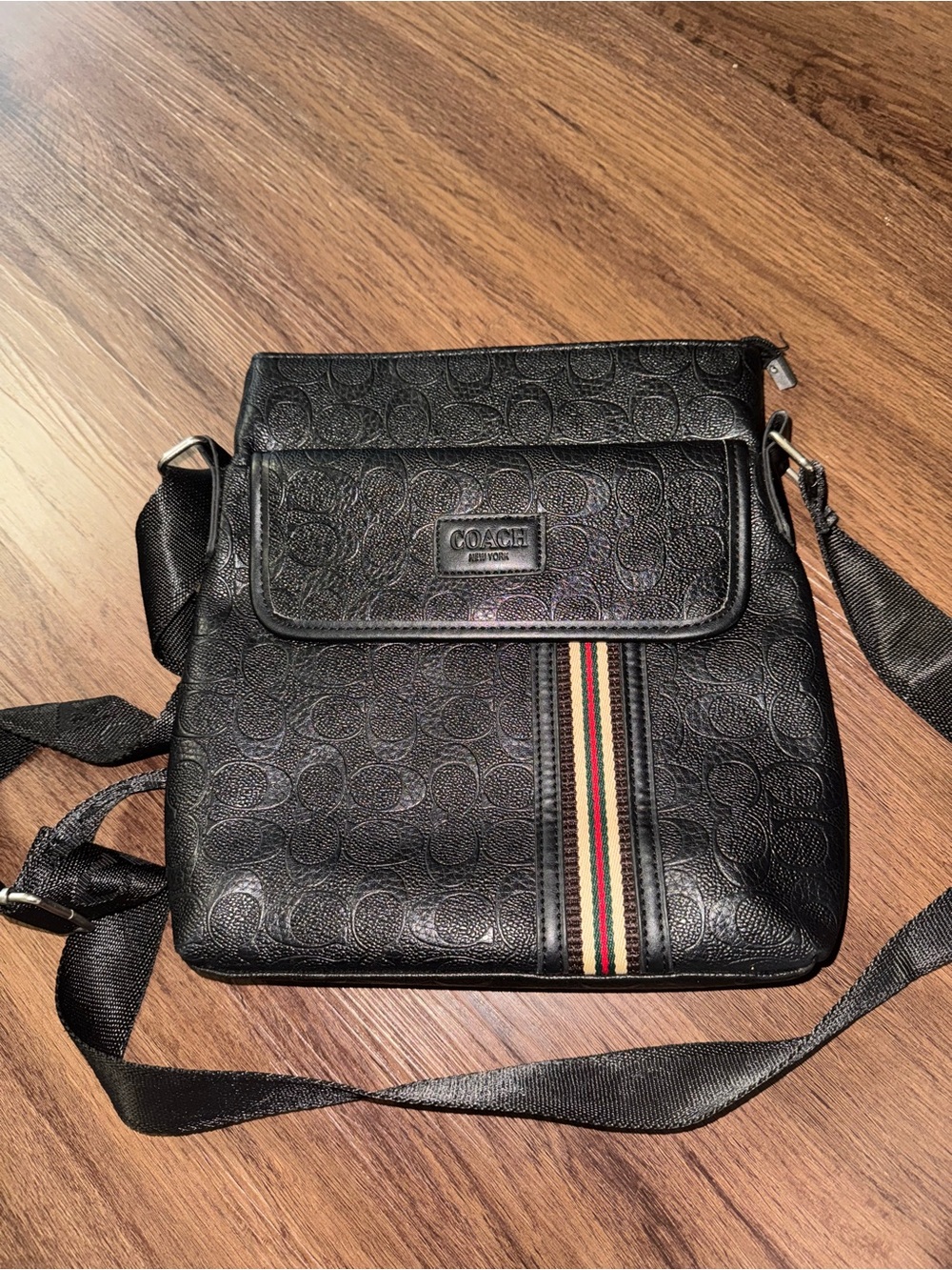 Coach Black Embossed Signature Messenger with Multistripe Accent